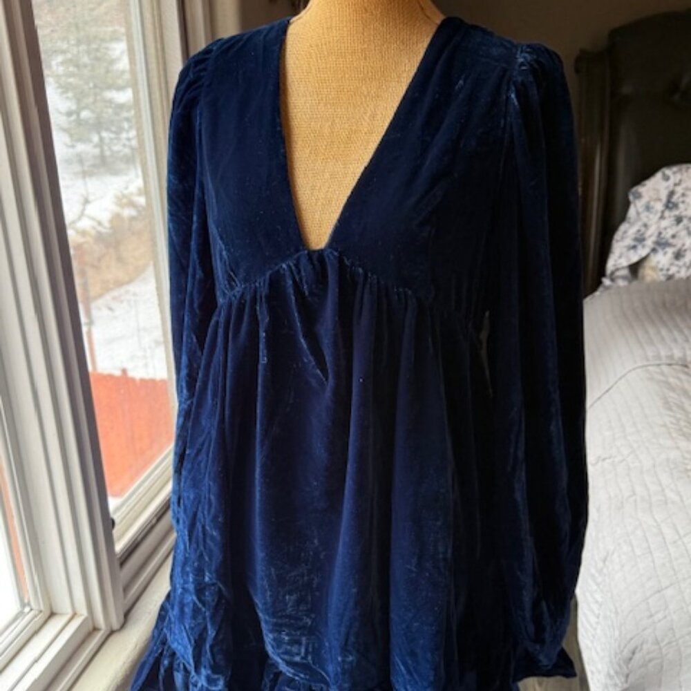 Free People Oceans Blue Estella Velvet Mini Dress